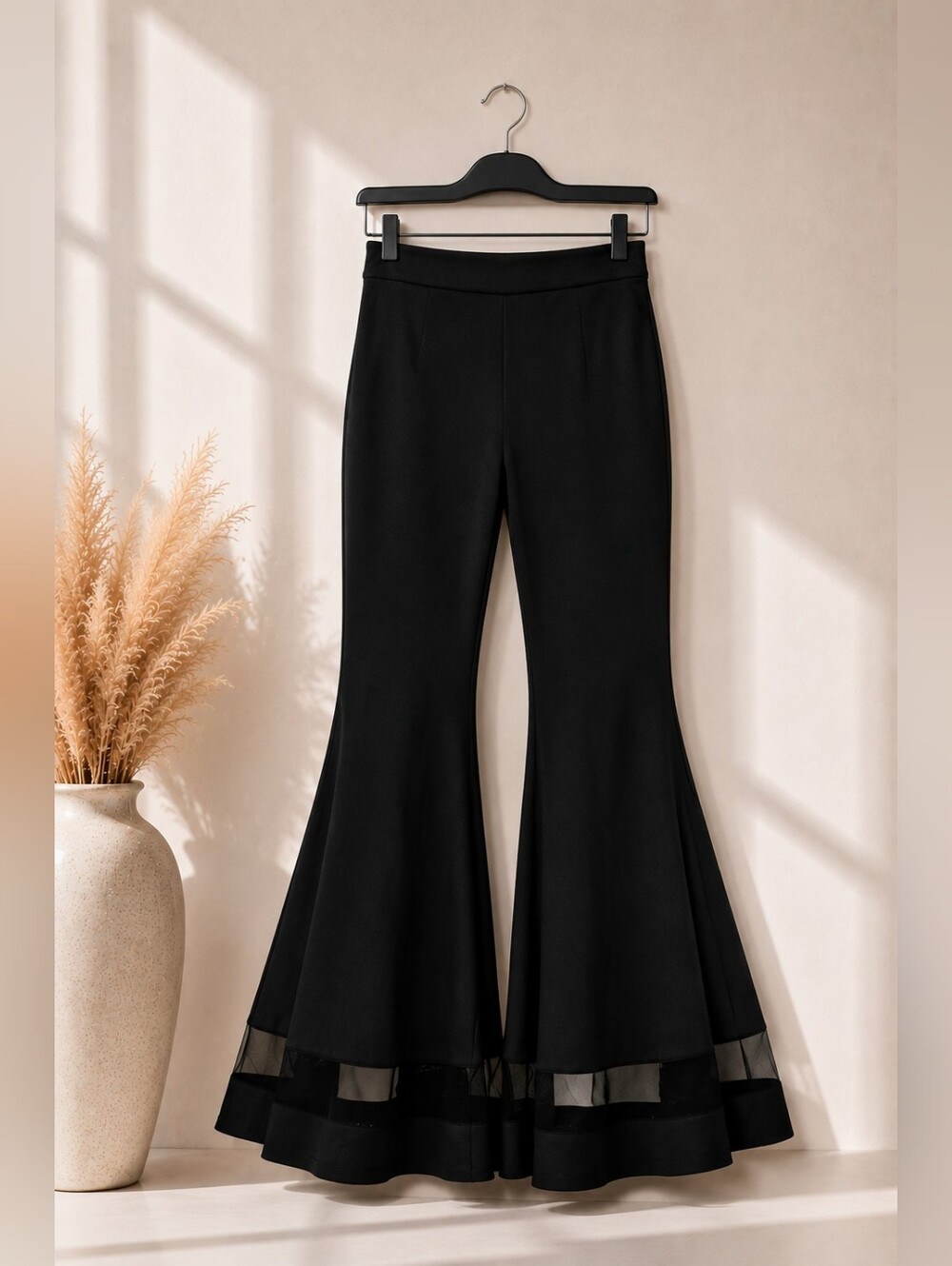 Women Black Mesh Insert Flare Leg Pants - High Waist - Size XS (US 2) - Picture 3 of 5